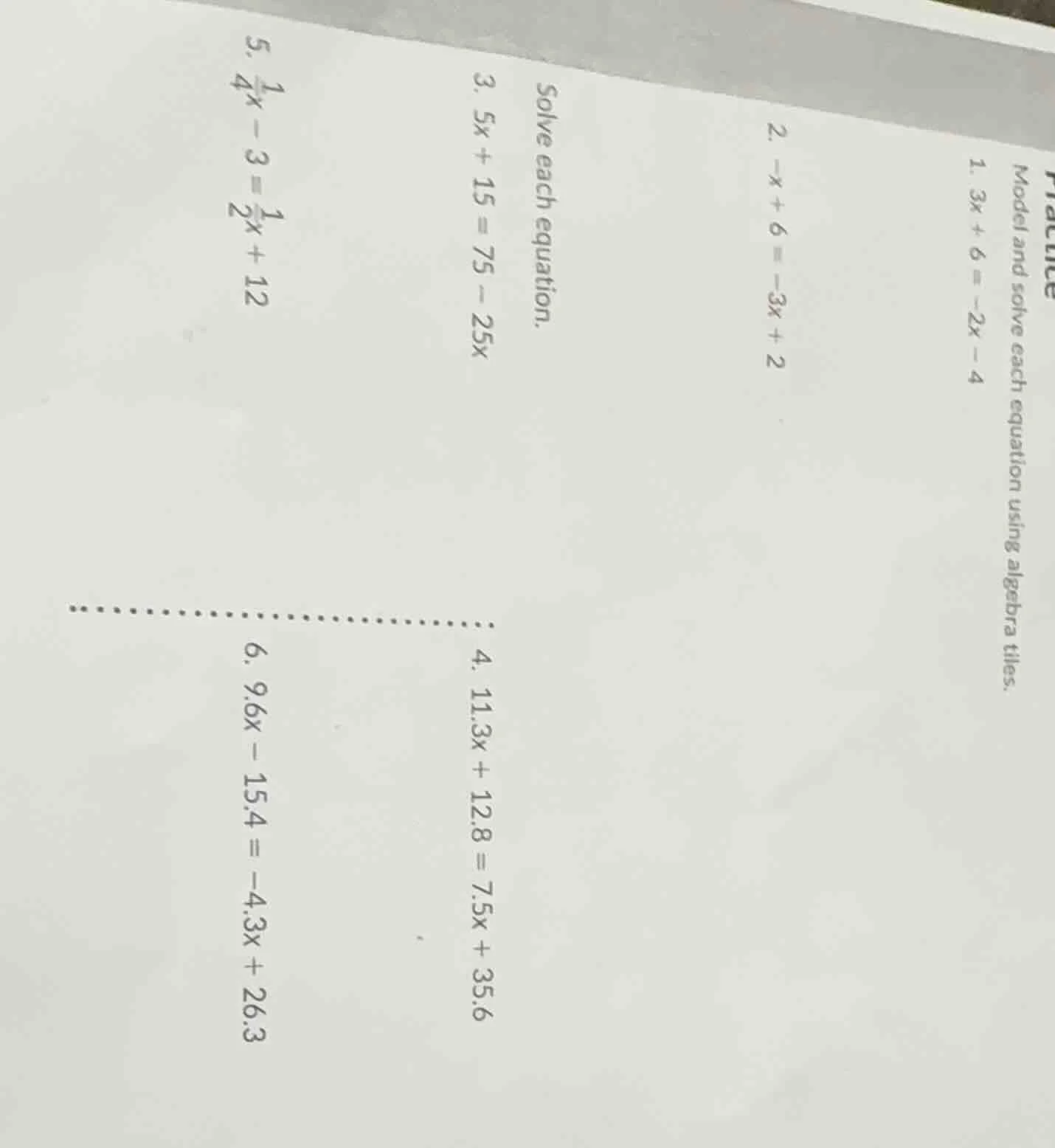 practice model and solve each equation using algebra tiles. 1. $3x + 6 …