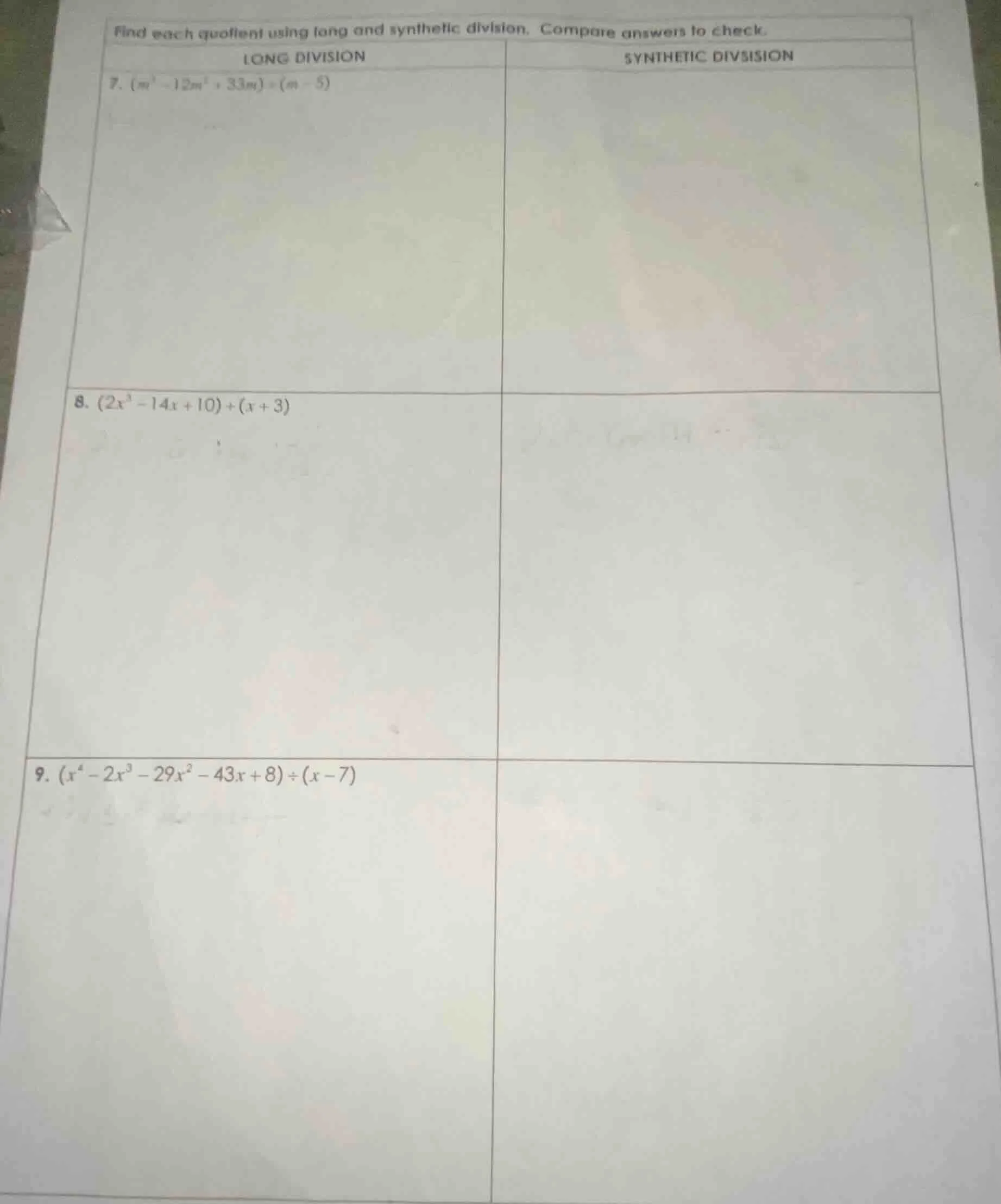 find each quotient using long and synthetic division. compare answers t…