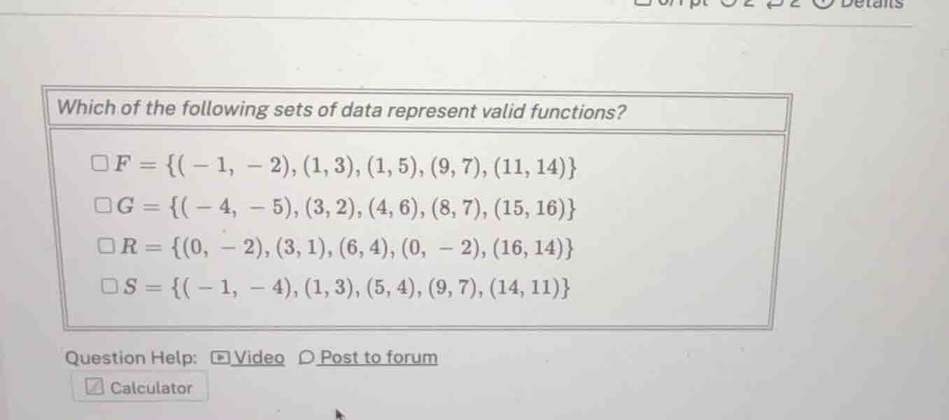 which of the following sets of data represent valid functions? $f = \\{…