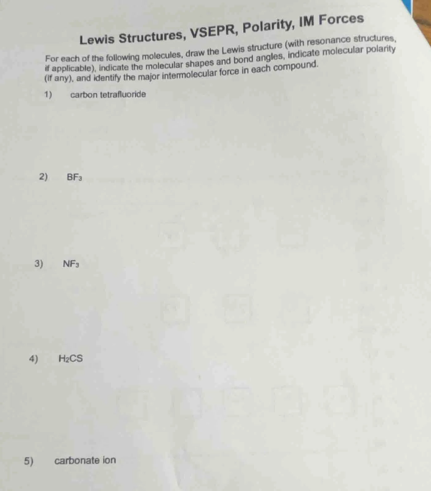 lewis structures, vsepr, polarity, im forces for each of the following …