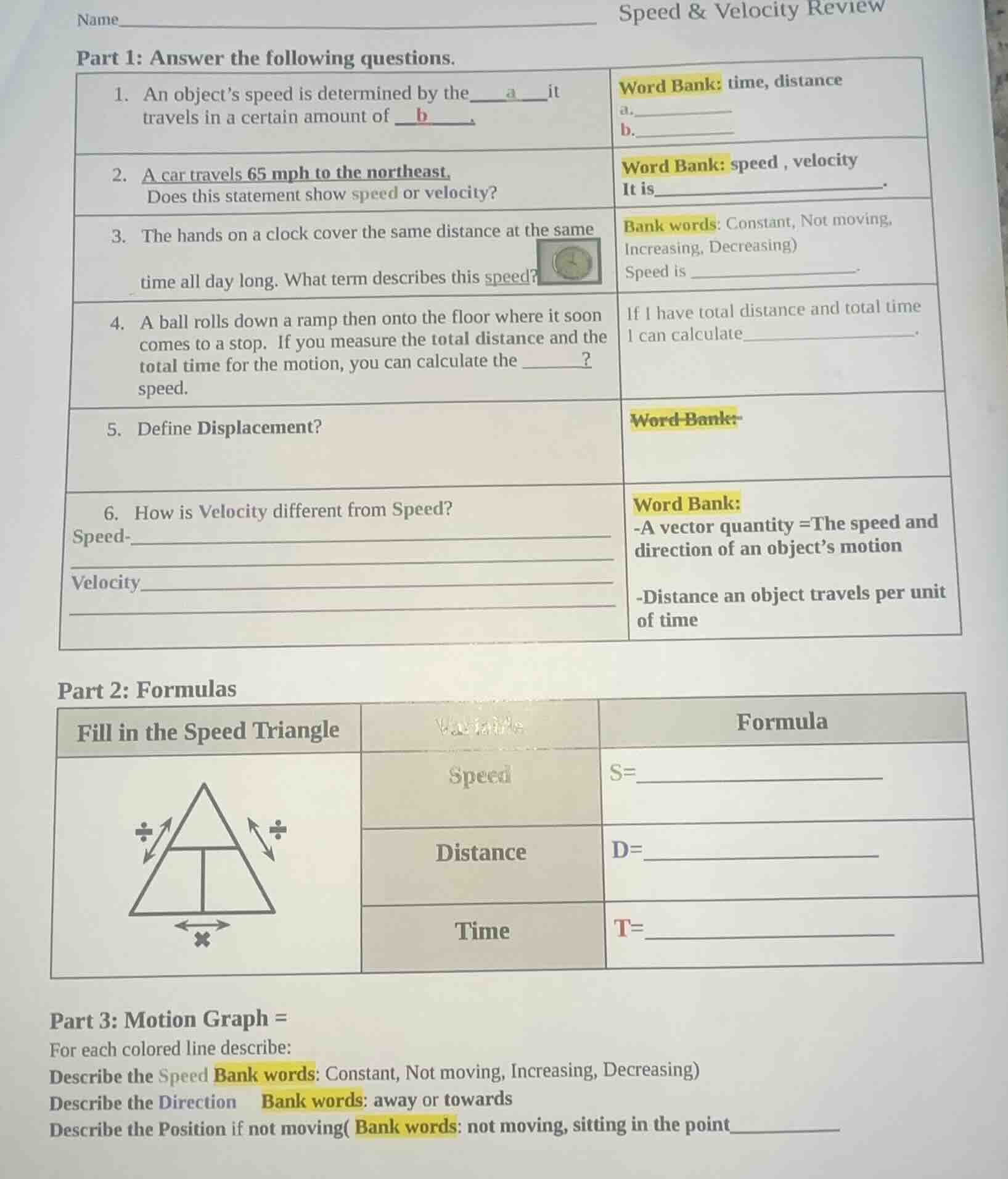 name_________________________ speed & velocity reviewpart 1: answer the…