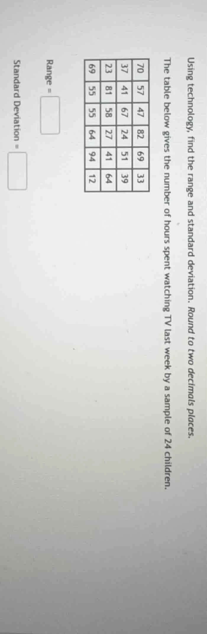 using technology, find the range and standard deviation. round to two d…