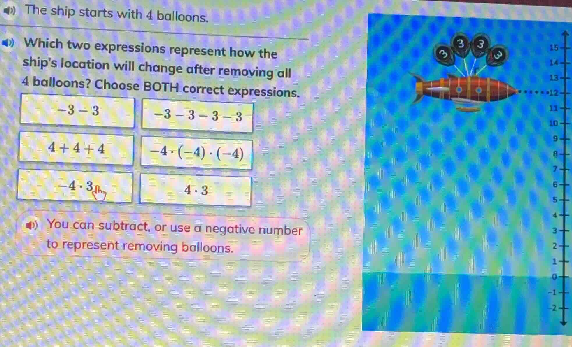 the ship starts with 4 balloons. which two expressions represent how th…