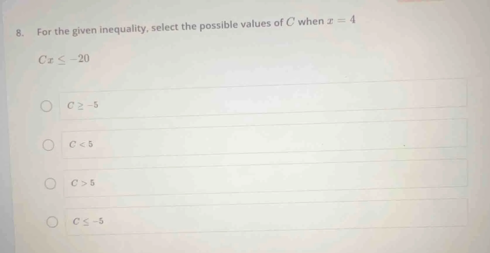 8. for the given inequality, select the possible values of $c$ when $x …