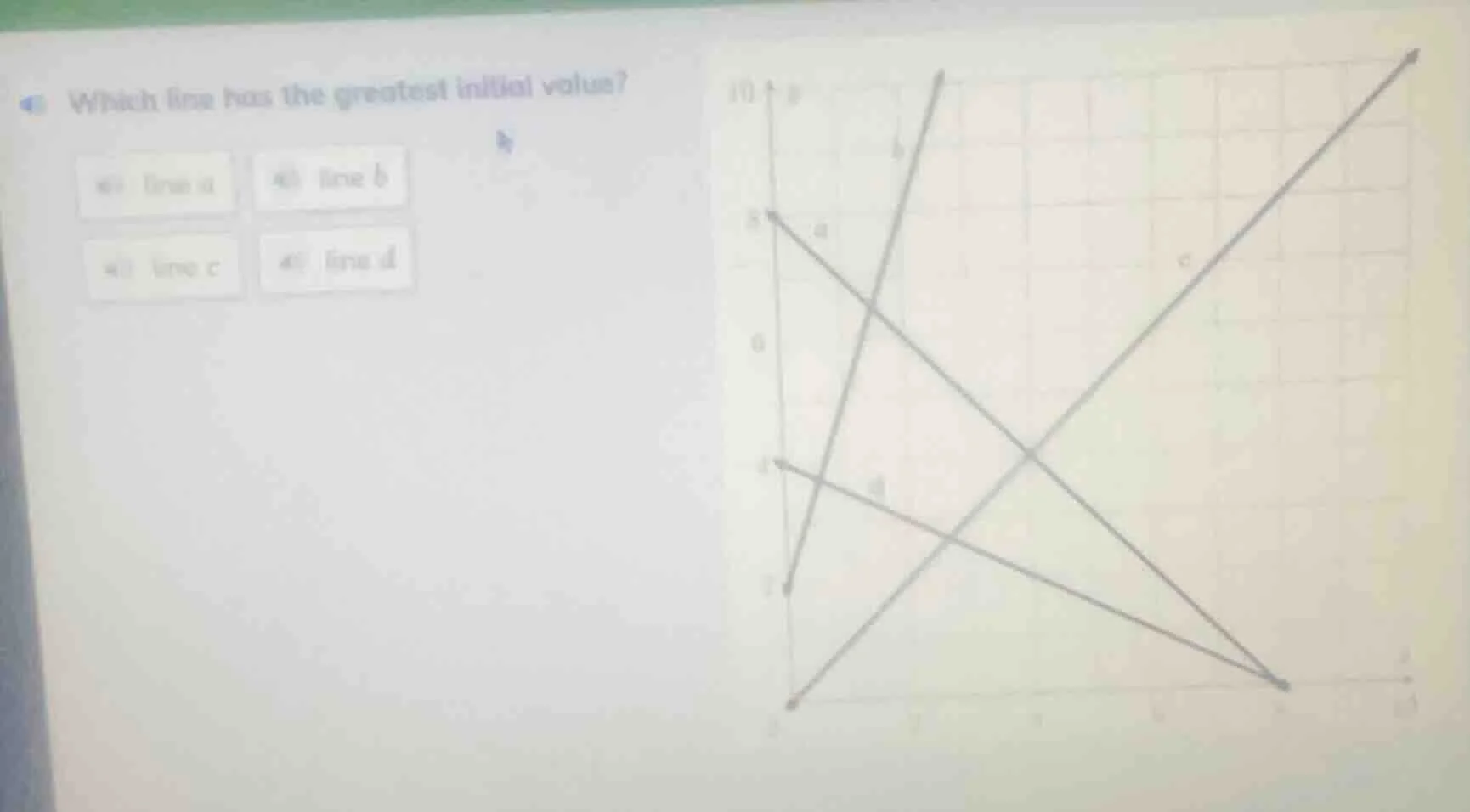 which line has the greatest initial value?a) line ab) line bc) line cd)…
