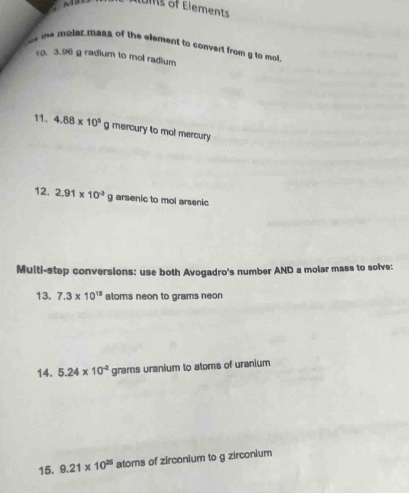 atoms of elements use the molar mass of the element to convert from g t…