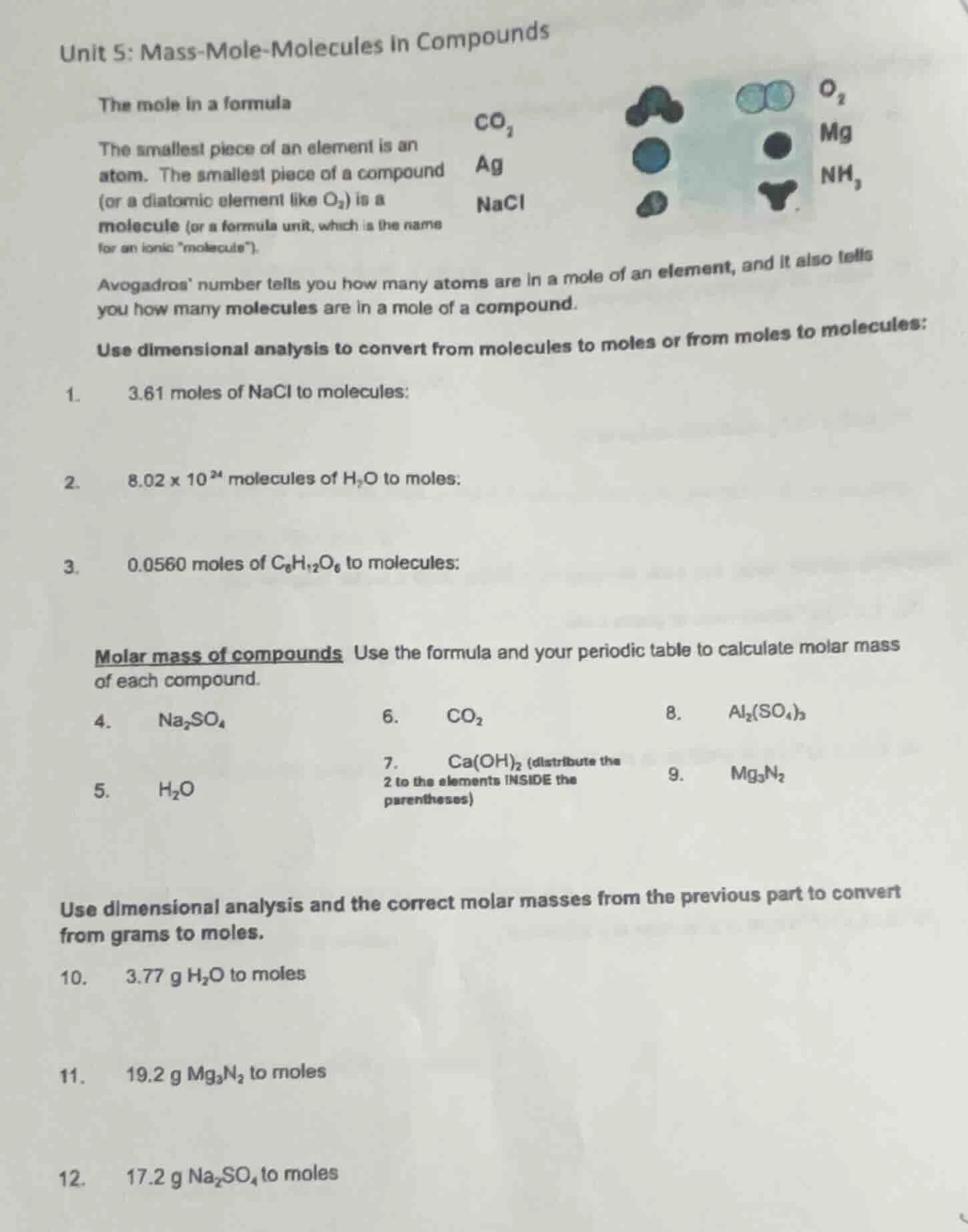 unit 5: mass-mole-molecules in compounds the mole in a formula the smal…