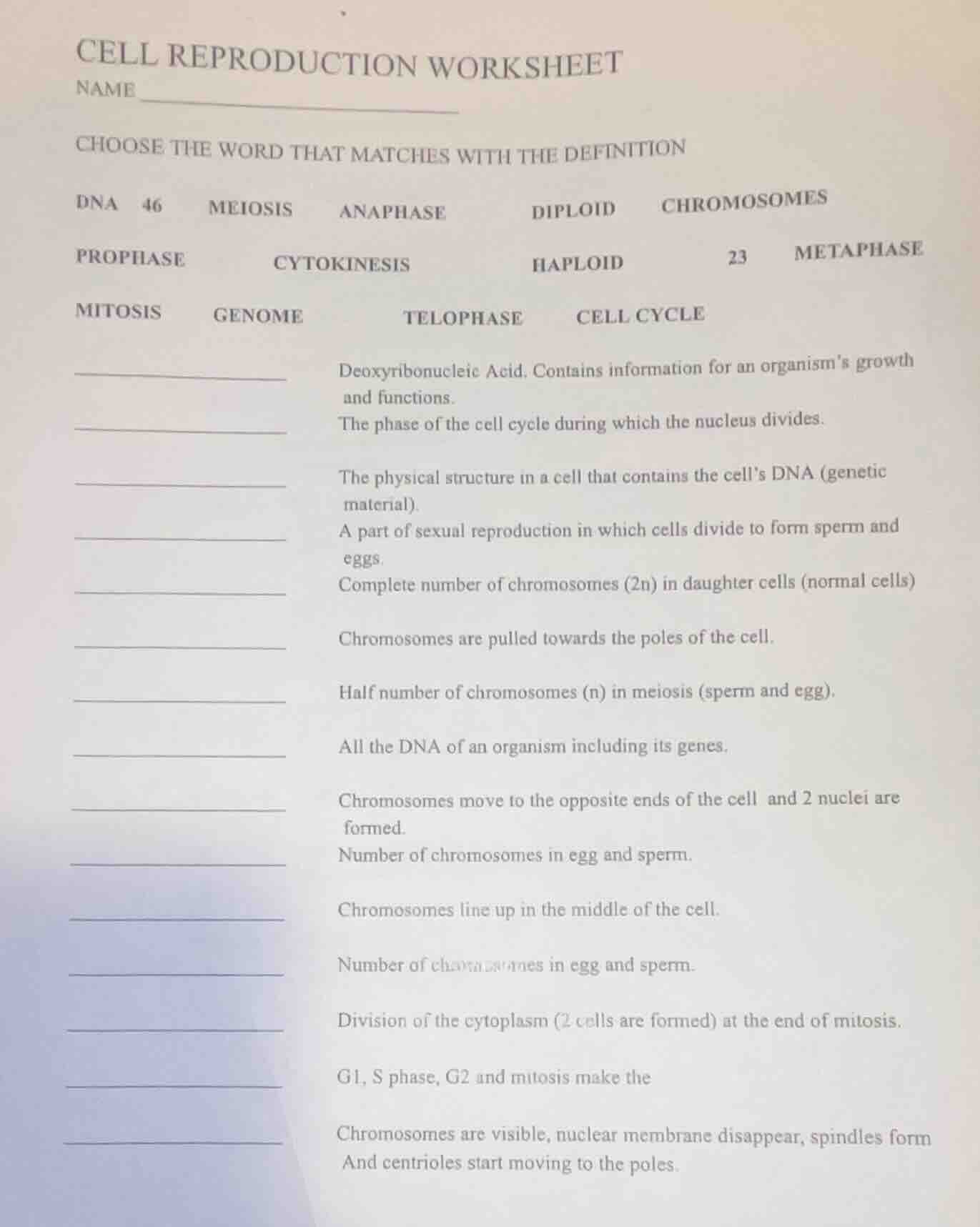 cell reproduction worksheet name choose the word that matches with the …
