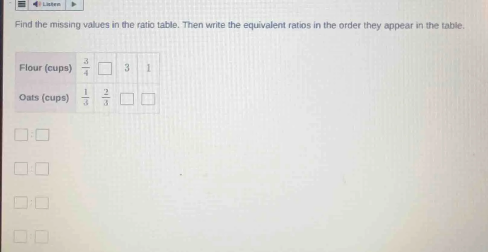 find the missing values in the ratio table. then write the equivalent r…