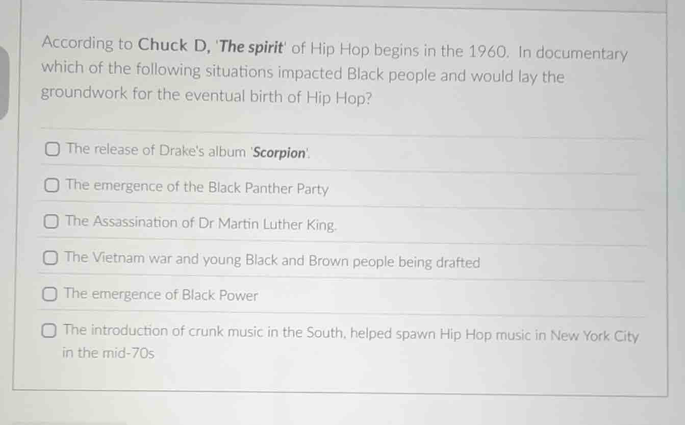 according to chuck d, the spirit of hip hop begins in the 1960. in docu…