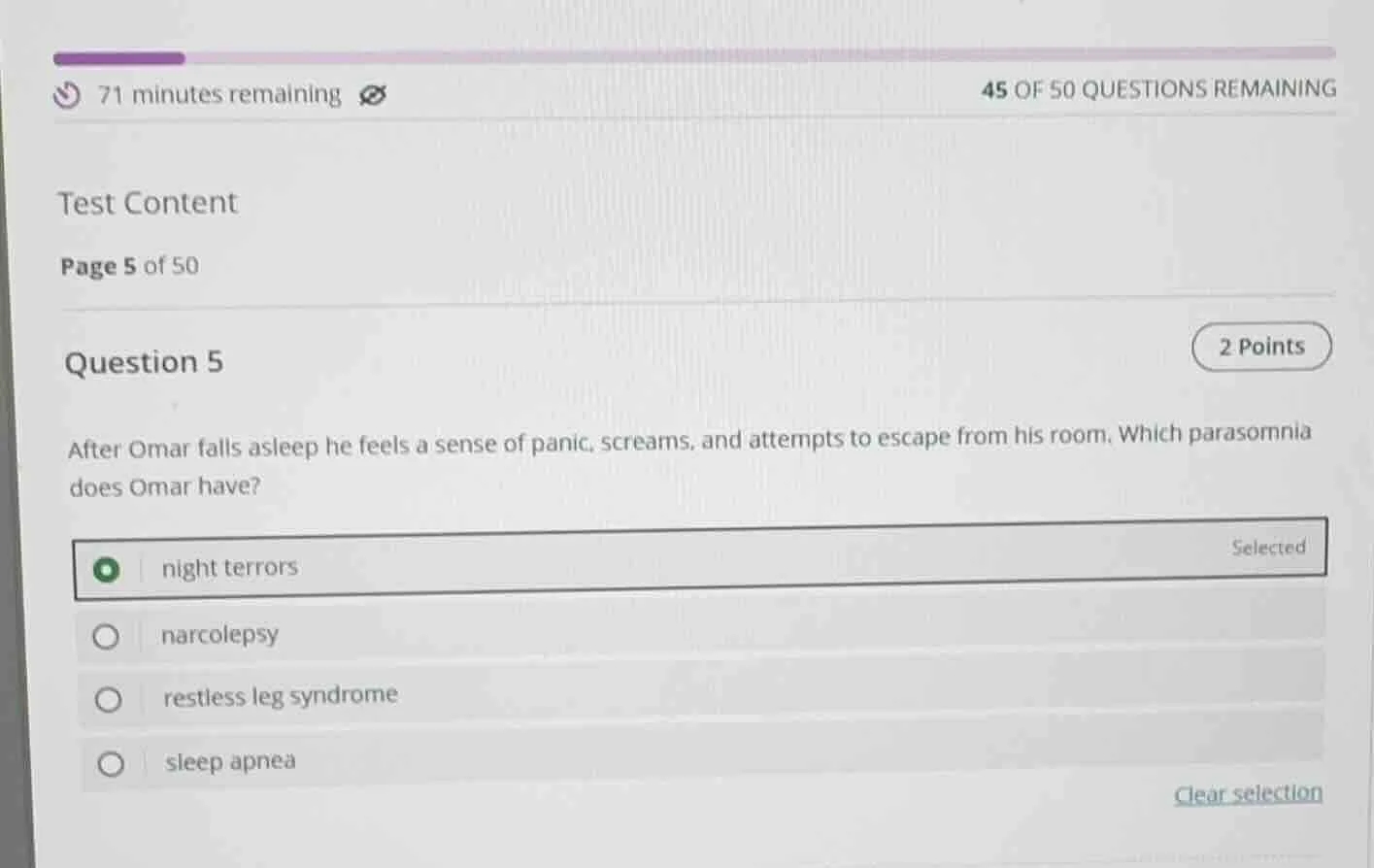 71 minutes remaining45 of 50 questions remainingtest contentpage 5 of 5…