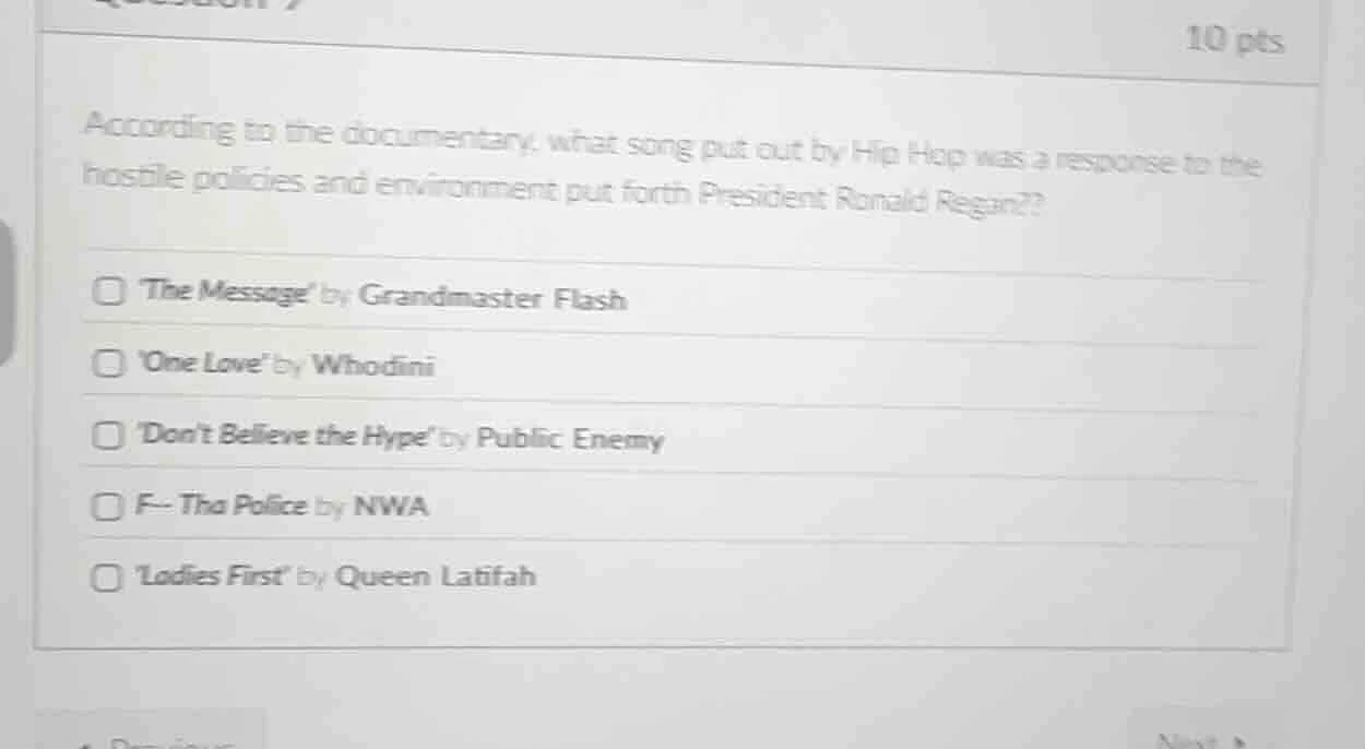 10 pts according to the documentary, what song put out by hip hop was a…