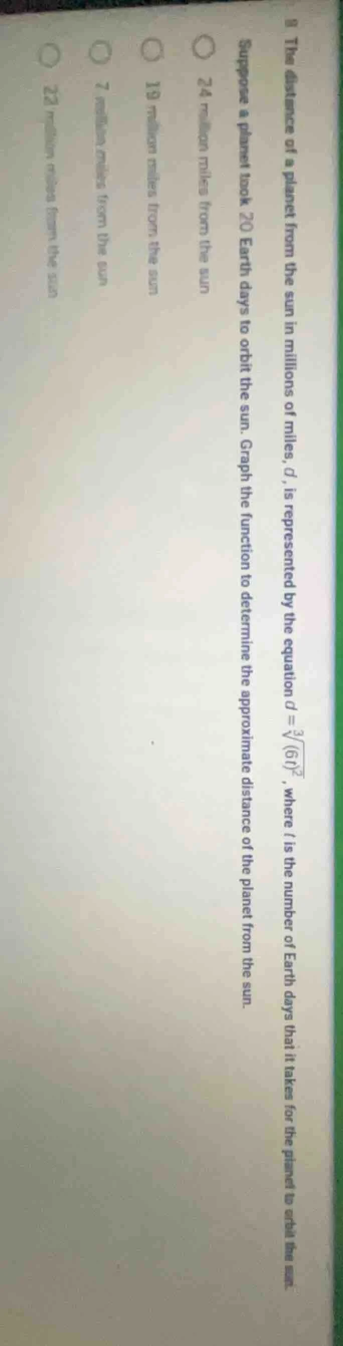 ii. the distance of a planet from the sun in millions of miles, $d$, is…