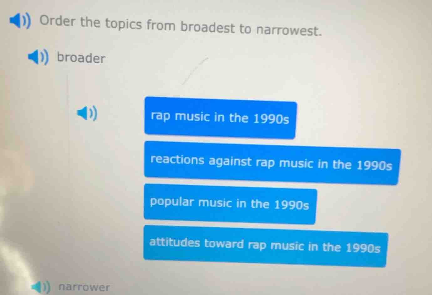 order the topics from broadest to narrowest. broader rap music in the 1…