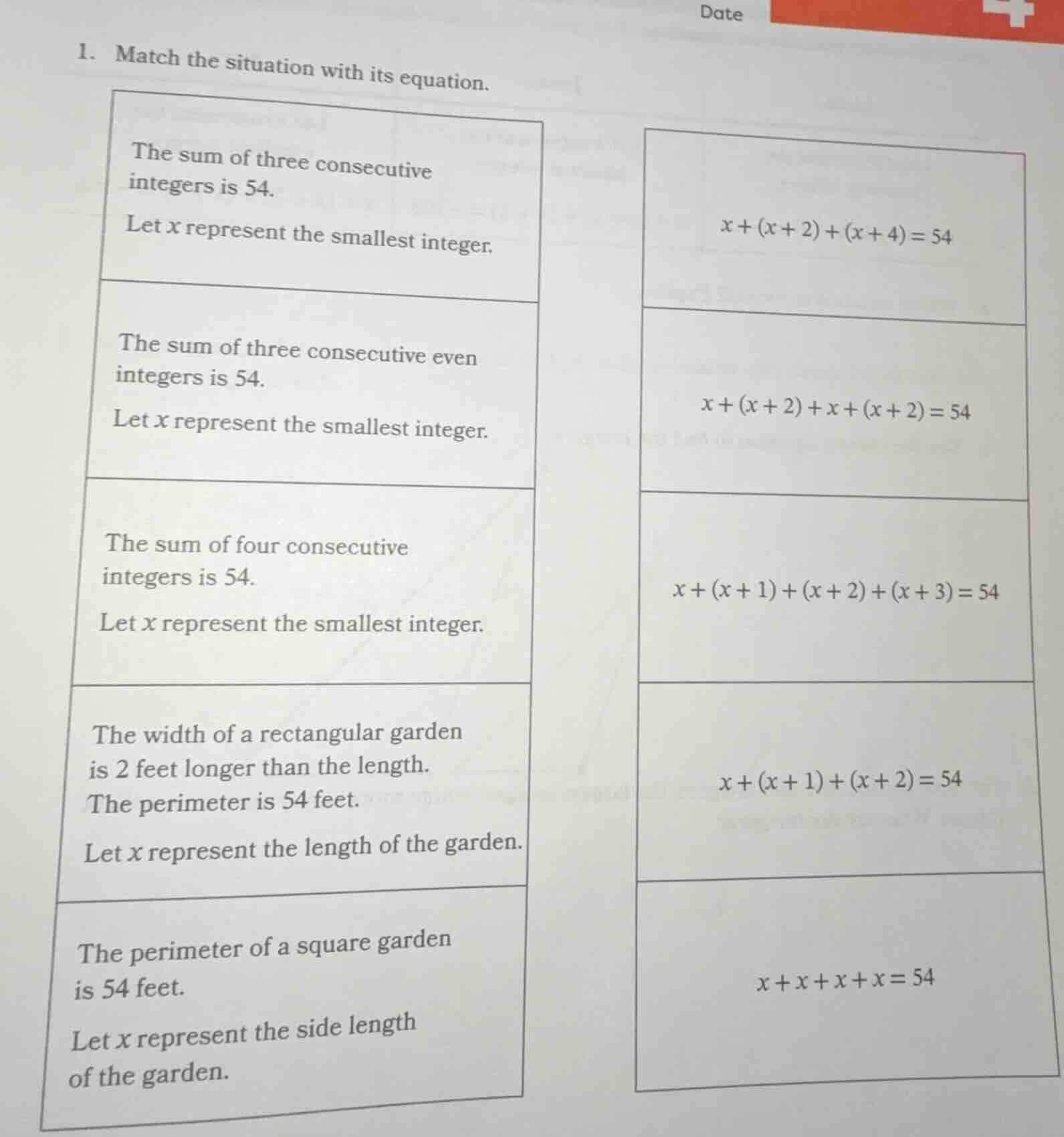 1. match the situation with its equation. the sum of three consecutive …