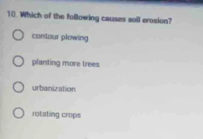 10. which of the following causes soil erosion?contour plowingplanting …
