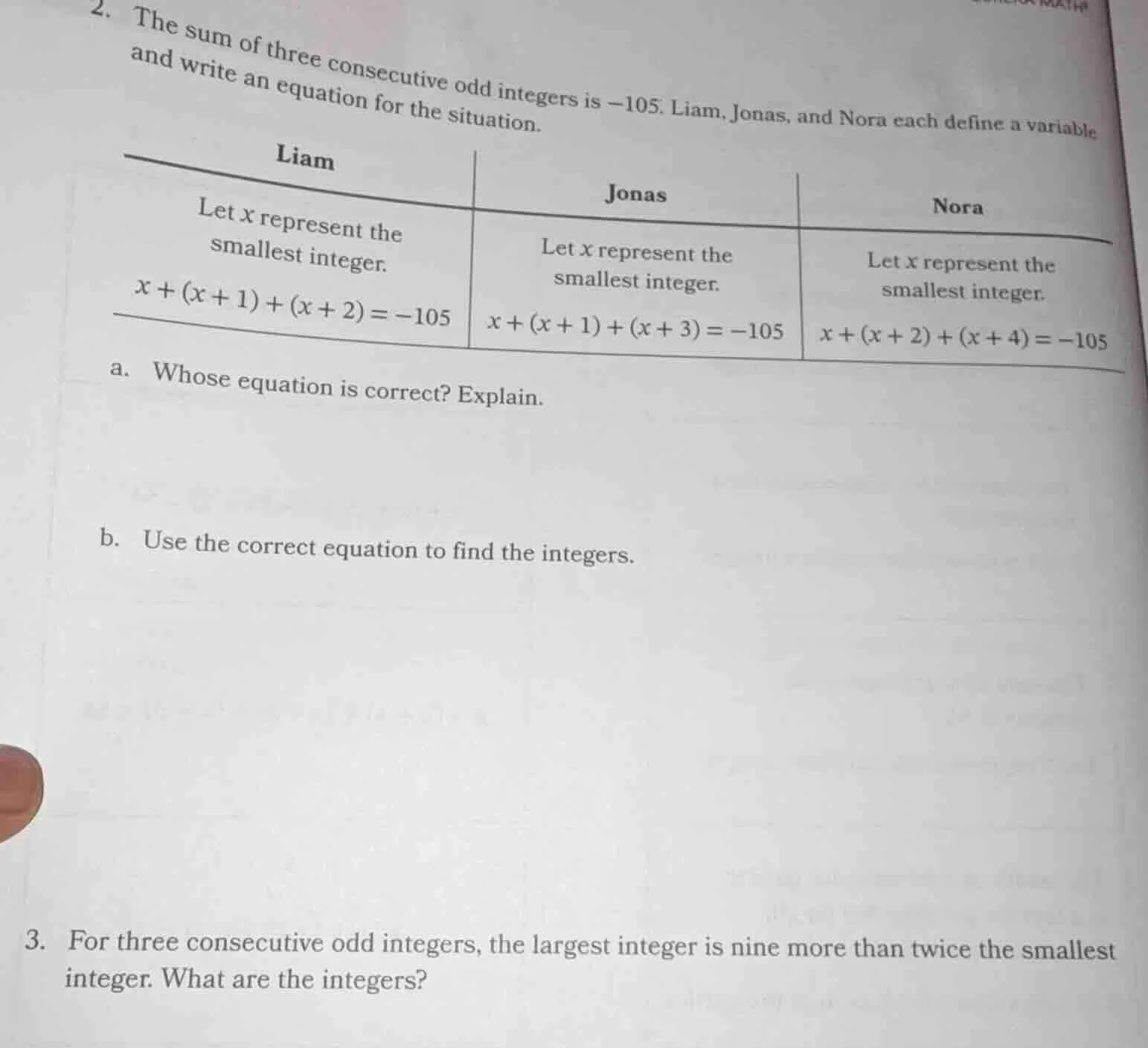 2. the sum of three consecutive odd integers is $-105$. liam, jonas, an…