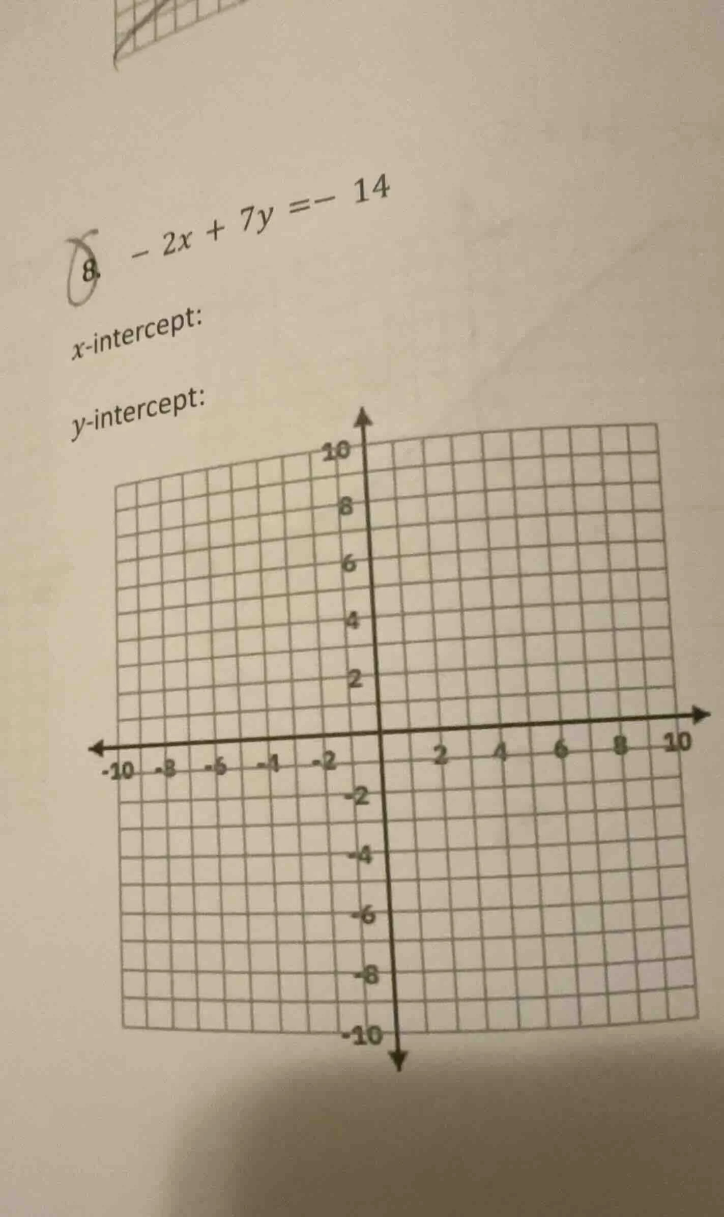 8. $-2x + 7y = -14$ x-intercept: y-intercept:
