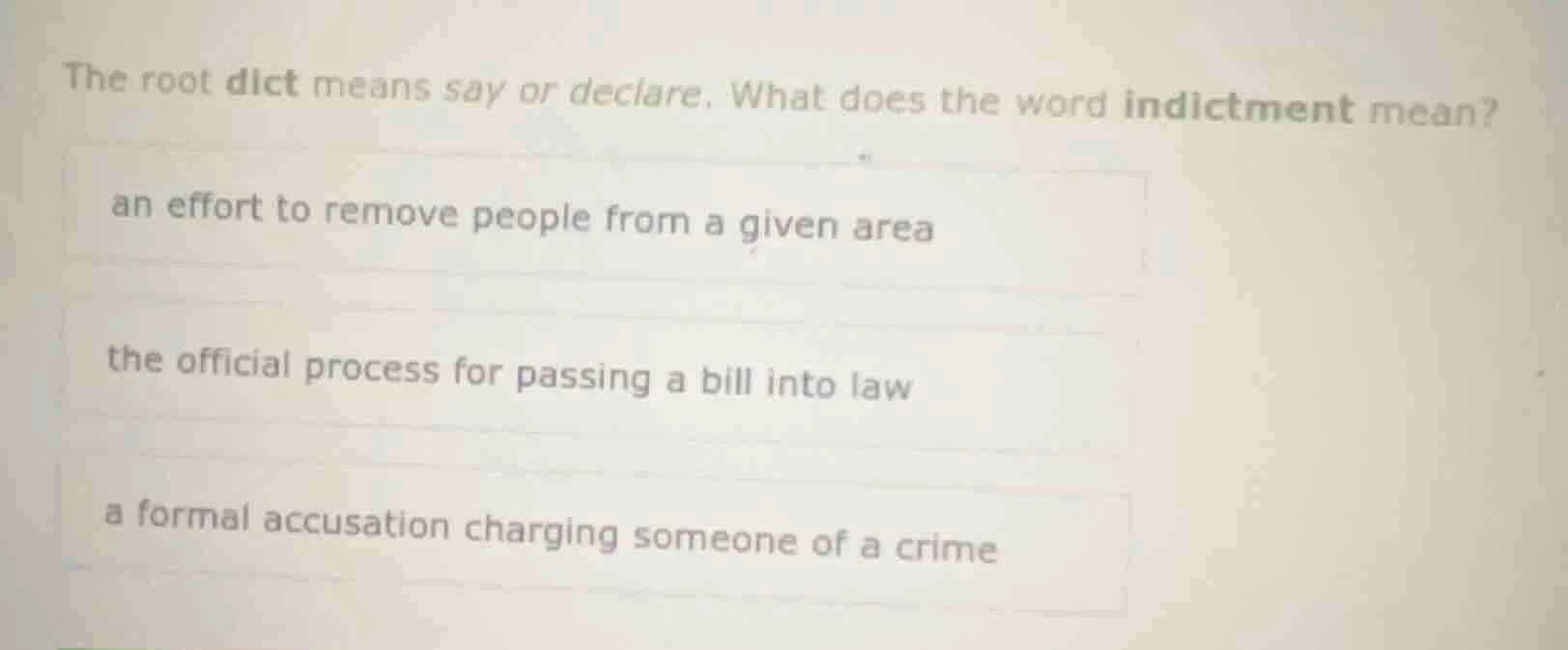 the root dict means say or declare. what does the word indictment mean?…