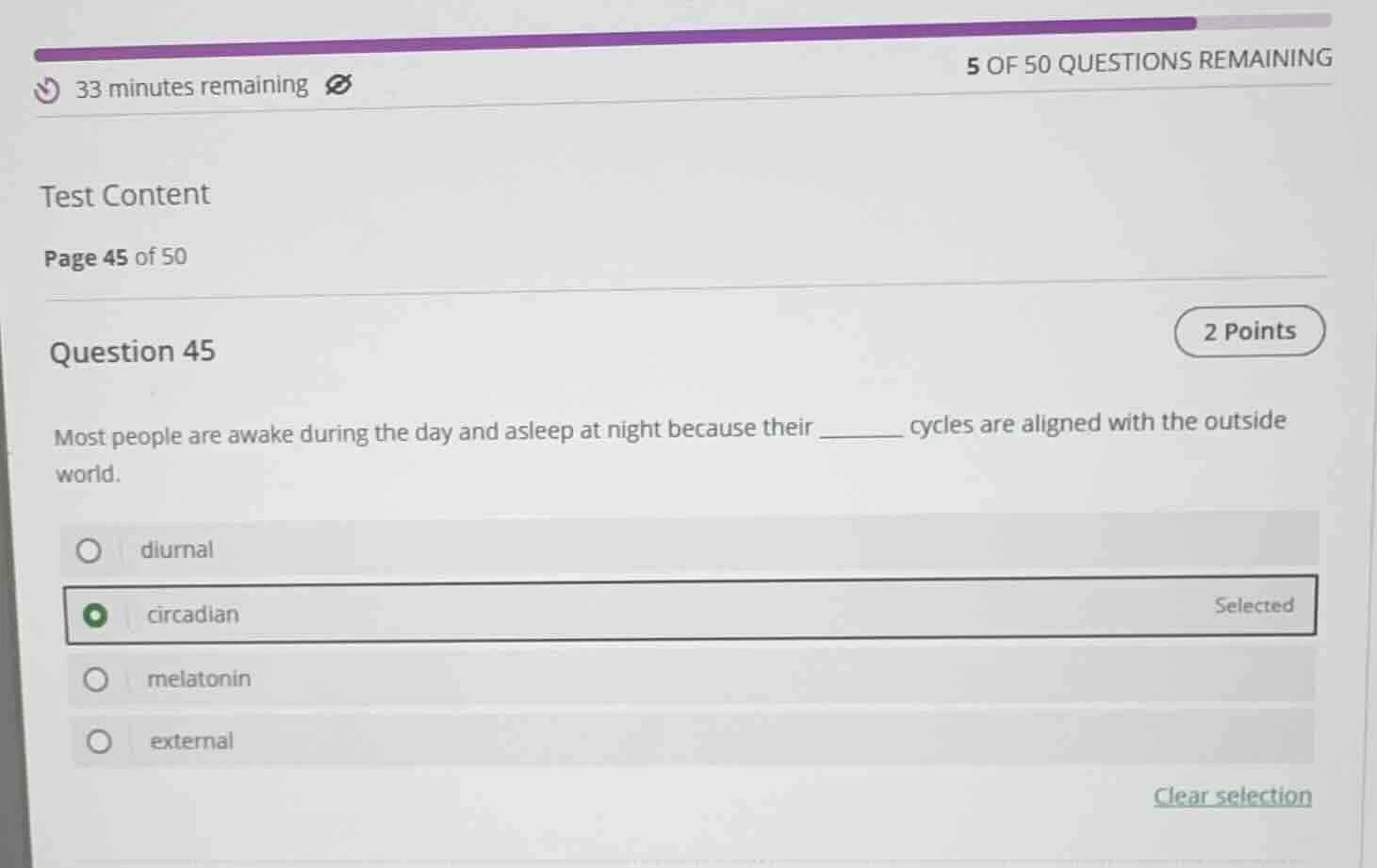 33 minutes remaining5 of 50 questions remainingtest contentpage 45 of 5…