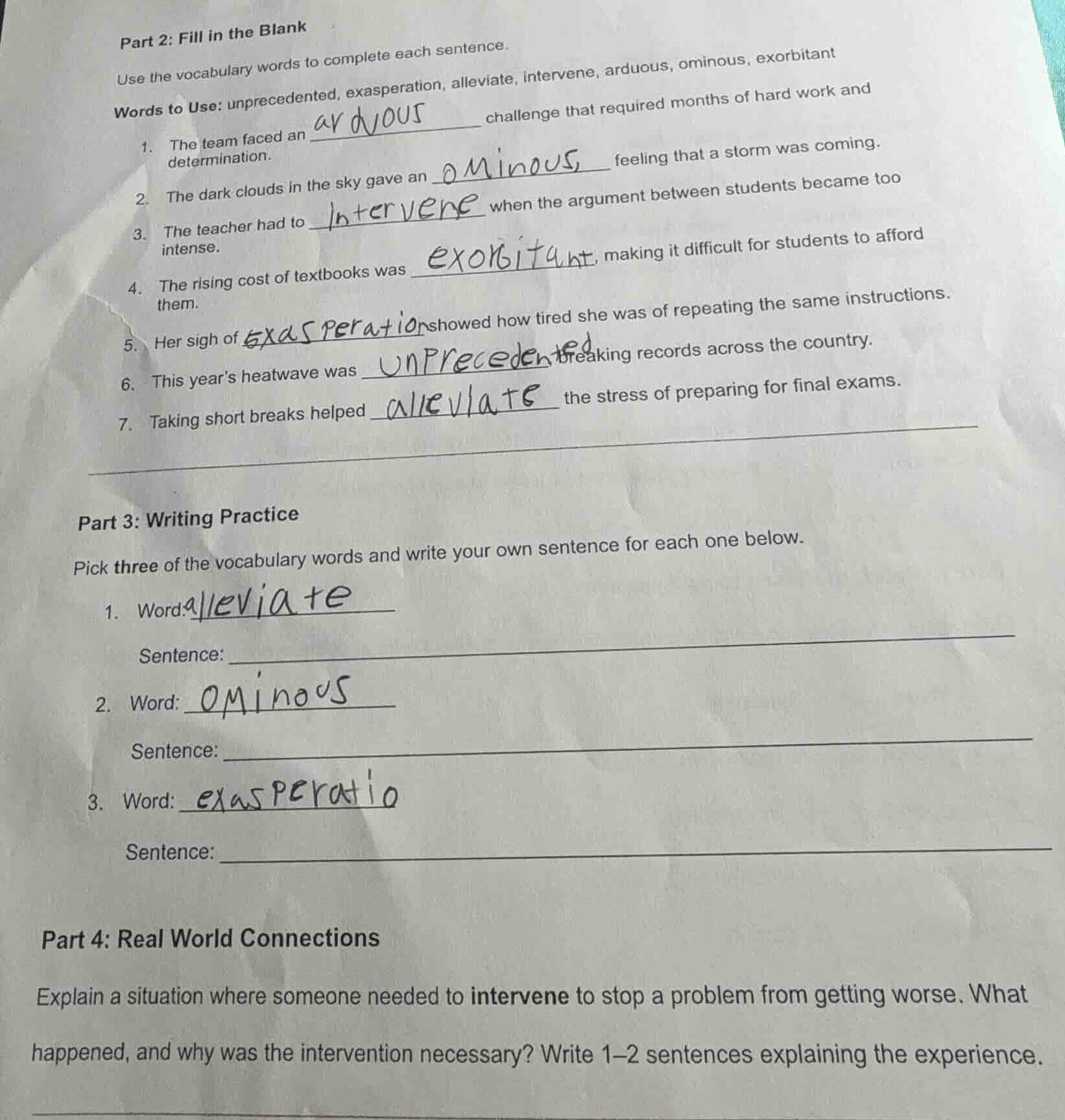 part 2: fill in the blank use the vocabulary words to complete each sen…