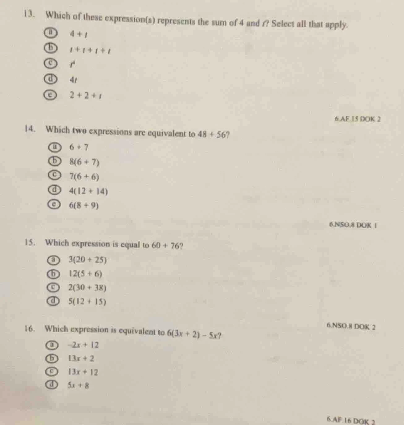13. which of these expression(s) represents the sum of 4 and ( t )? sel…