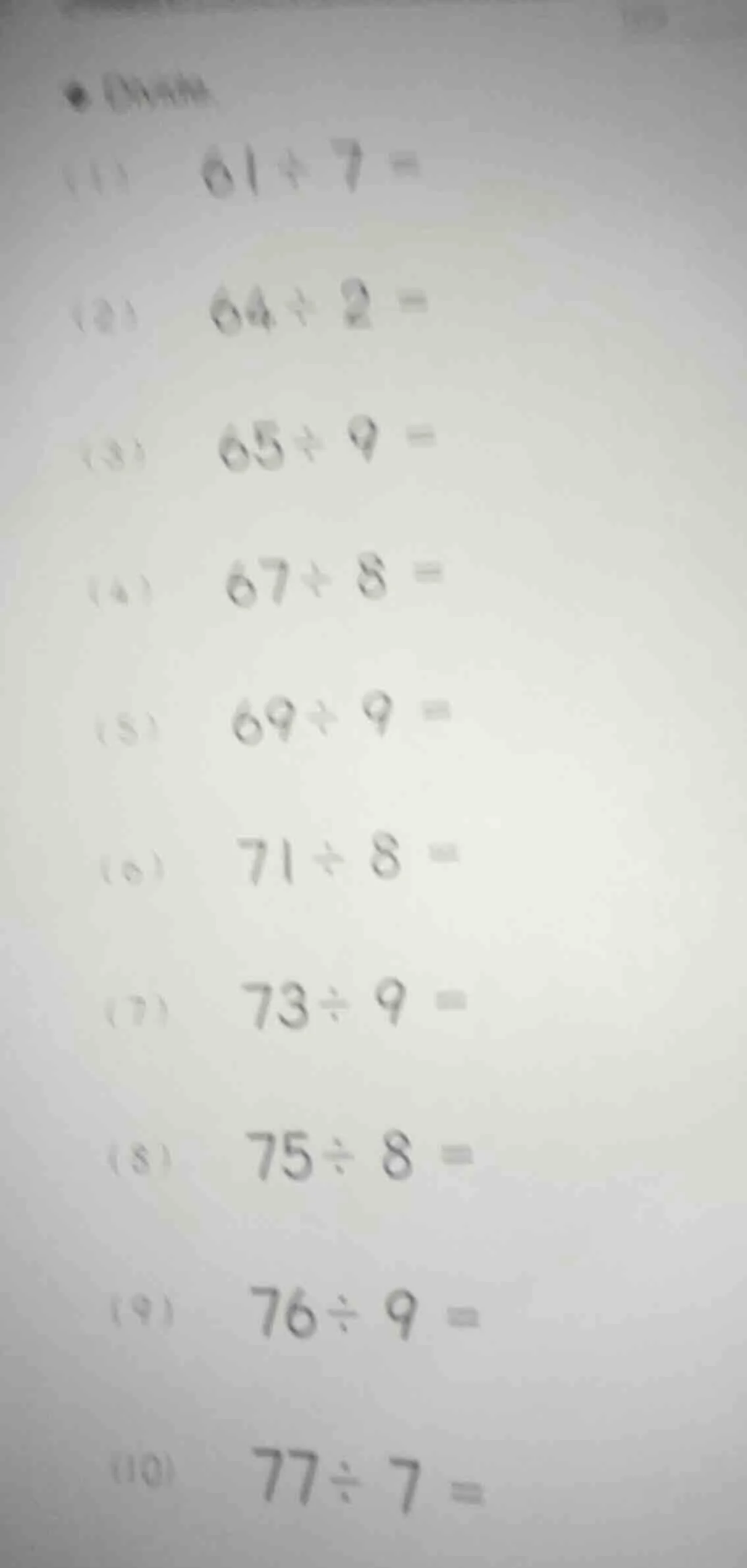 (1) $61\\div7=$ (2) $64\\div2=$ (3) $65\\div9=$ (4) $67\\div8=$ (5) $69…