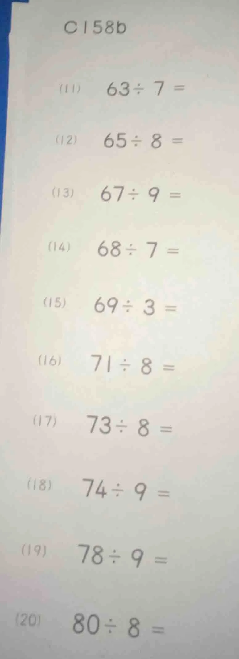 c158b (11) $63\\div7=$ (12) $65\\div8=$ (13) $67\\div9=$ (14) $68\\div7…