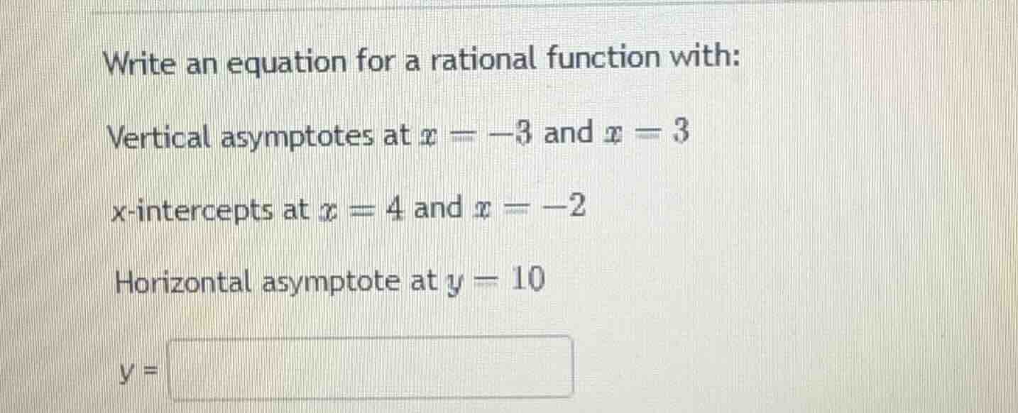 write an equation for a rational function with: vertical asymptotes at …