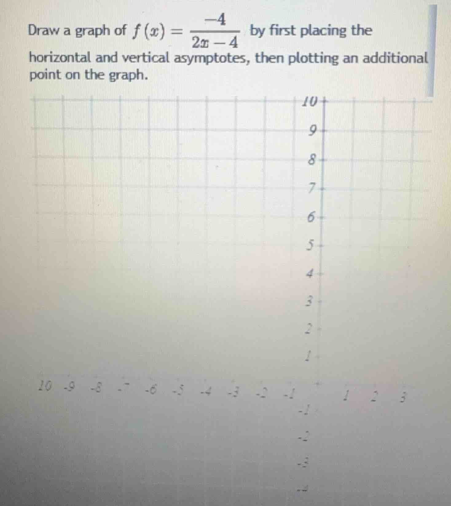 draw a graph of $f(x) = \\frac{-4}{2x - 4}$ by first placing the horizo…