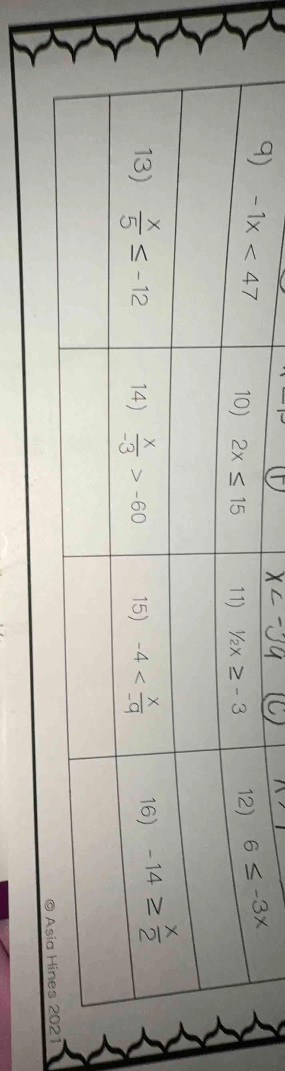 9) $-1x < 47$ 10) $2x \\leq 15$ 11) $\frac{1}{2}x \\geq -3$ 12) $6 \\le…