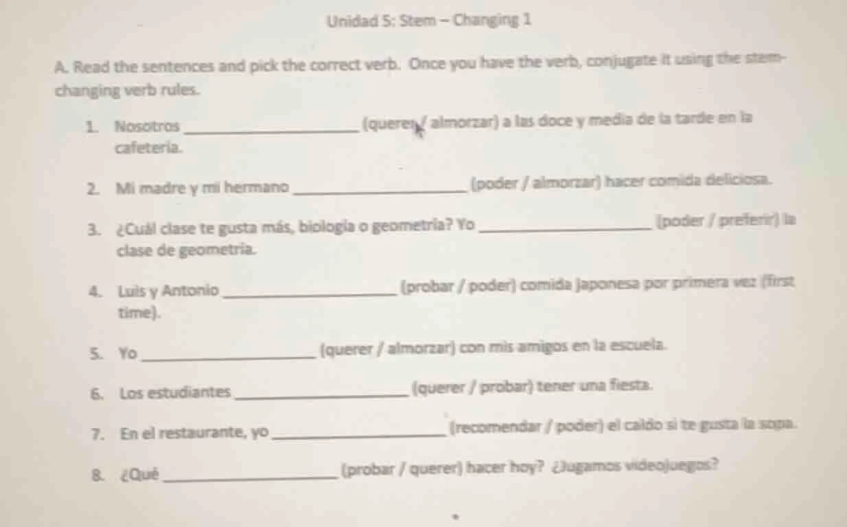 unidad 5: stem - changing 1 a. read the sentences and pick the correct …