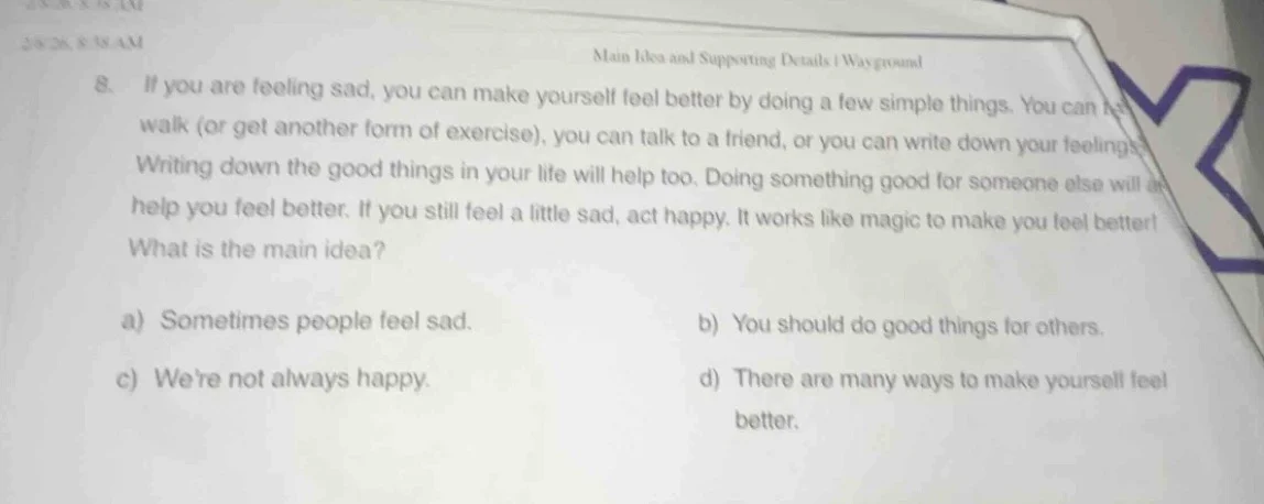 main idea and supporting details | wayground 8. if you are feeling sad,…