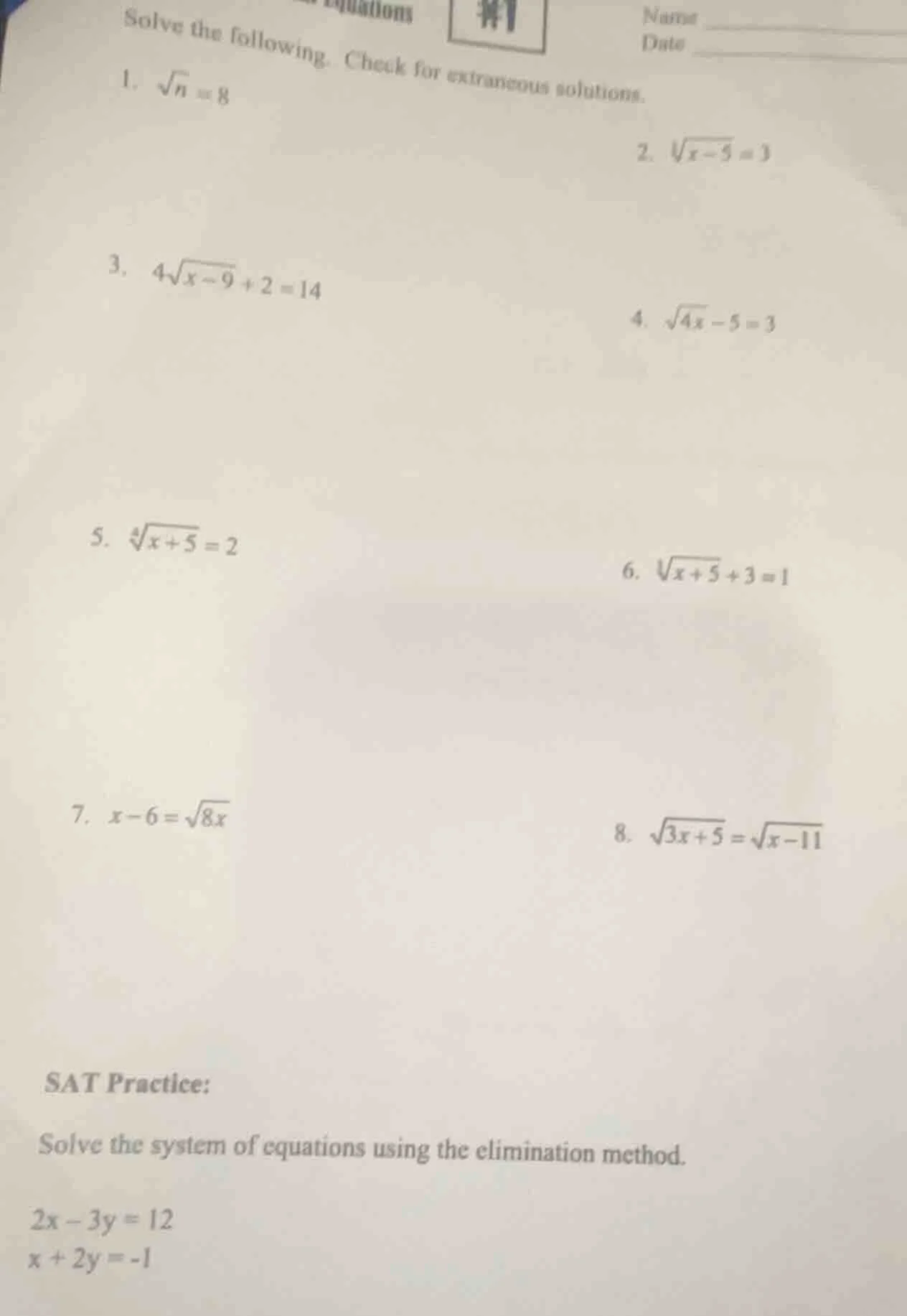 solve the following. check for extraneous solutions. 1. $sqrt{n}=8$ 2. …