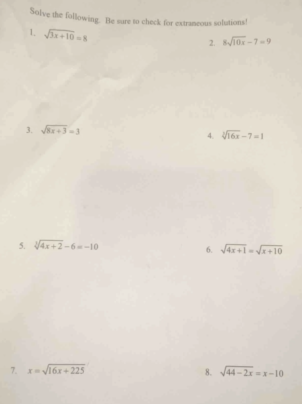 solve the following. be sure to check for extraneous solutions! 1. $sqr…