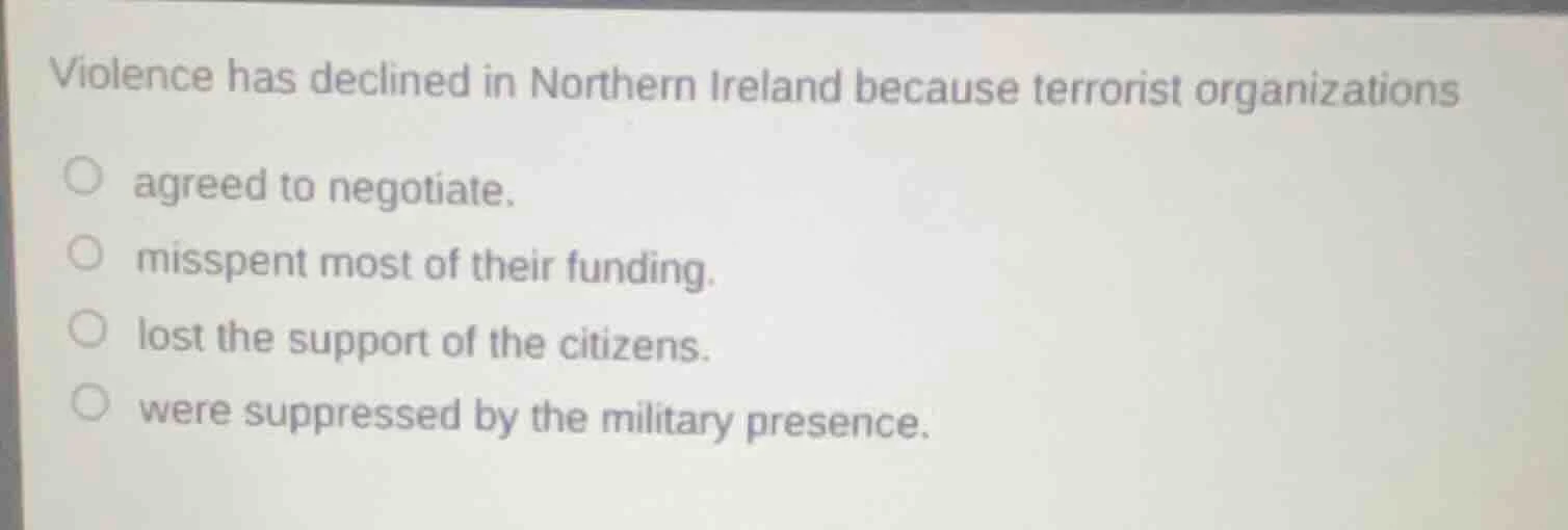 violence has declined in northern ireland because terrorist organizatio…
