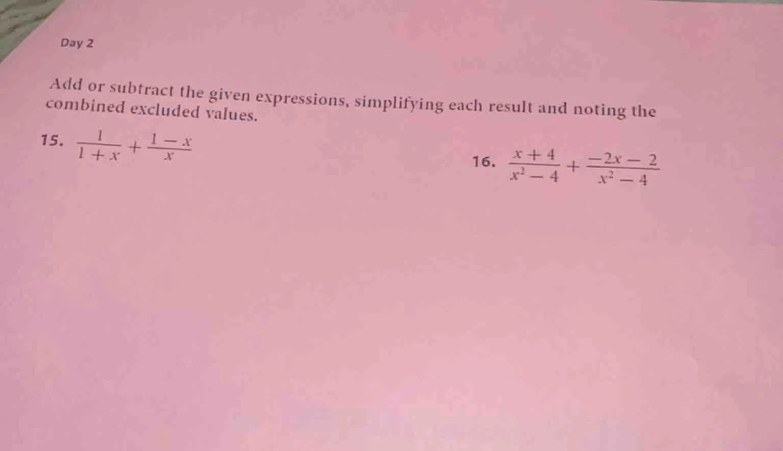 day 2 add or subtract the given expressions, simplifying each result an…