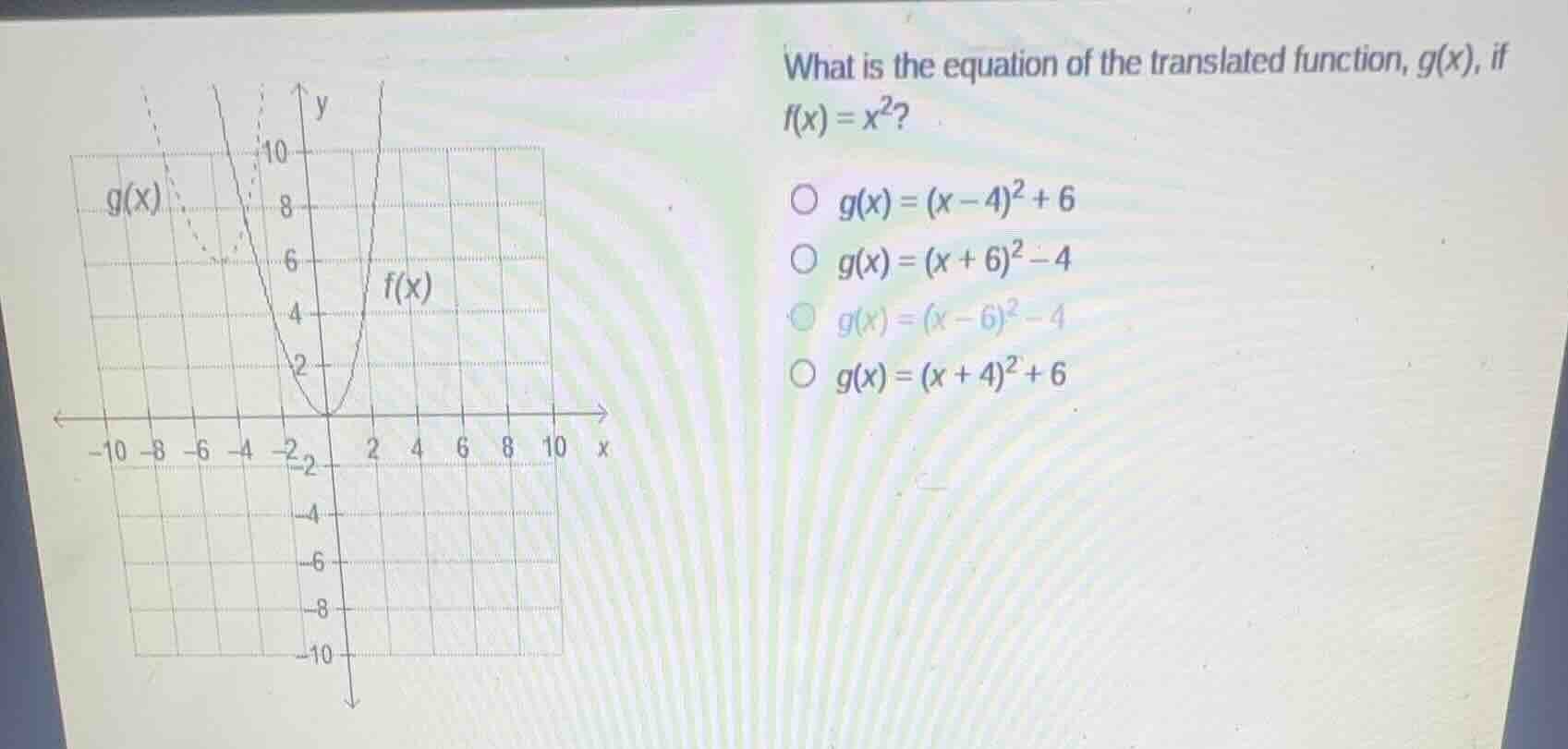 what is the equation of the translated function, $g(x)$, if $f(x)=x^2$?…