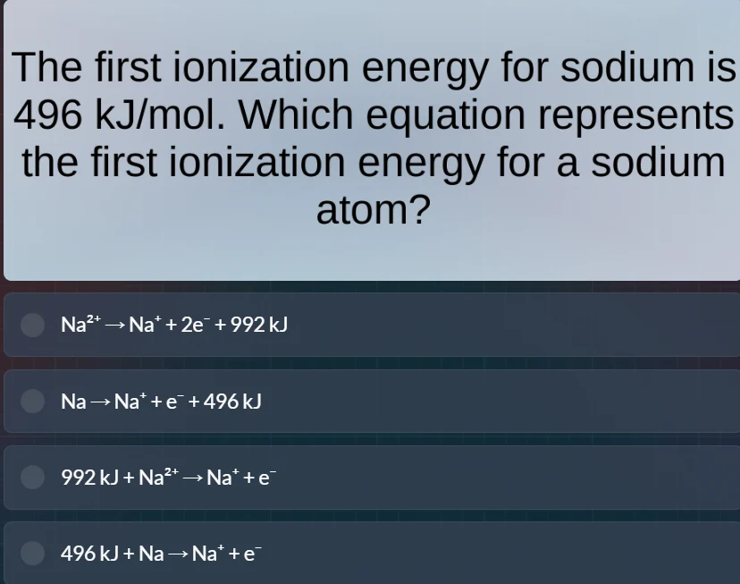 the first ionization energy for sodium is 496 kj/mol. which equation re…
