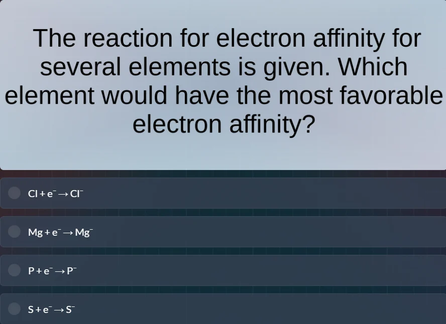 the reaction for electron affinity for several elements is given. which…