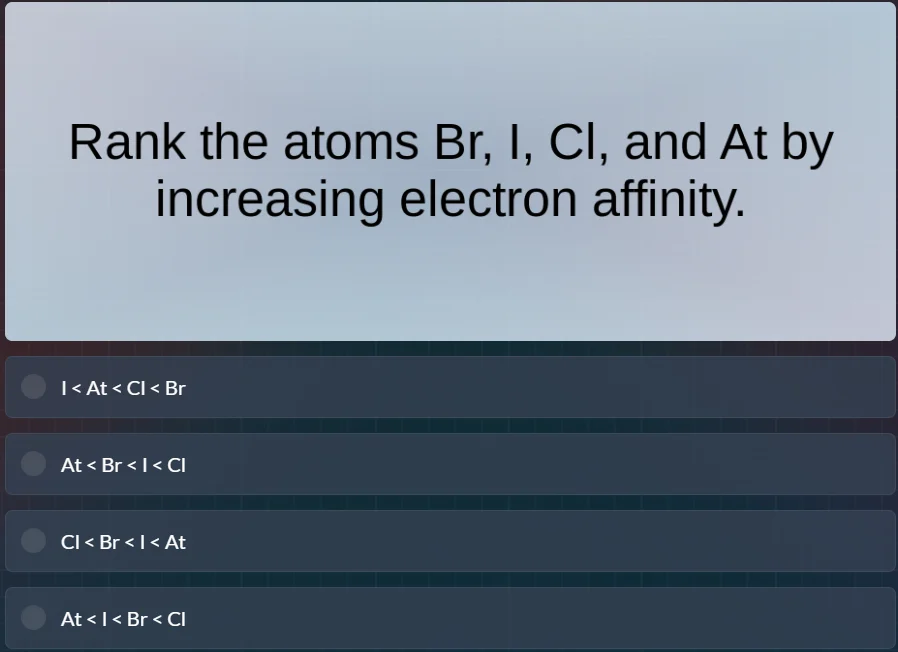 rank the atoms br, i, cl, and at by increasing electron affinity. i < a…