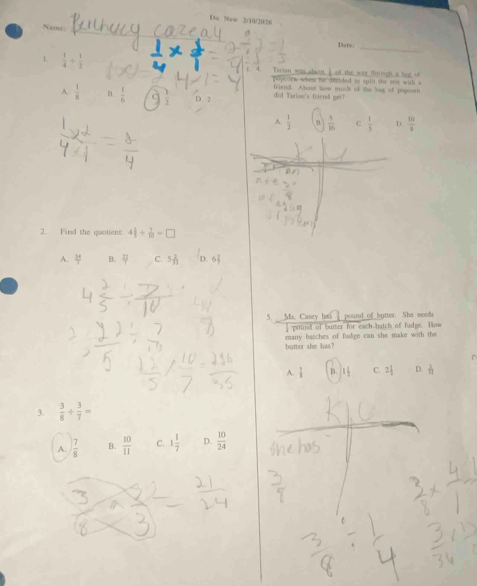 do now 2/10/2026 name: date: 1. $\frac{1}{4} div \frac{1}{2}$ a. $\frac…