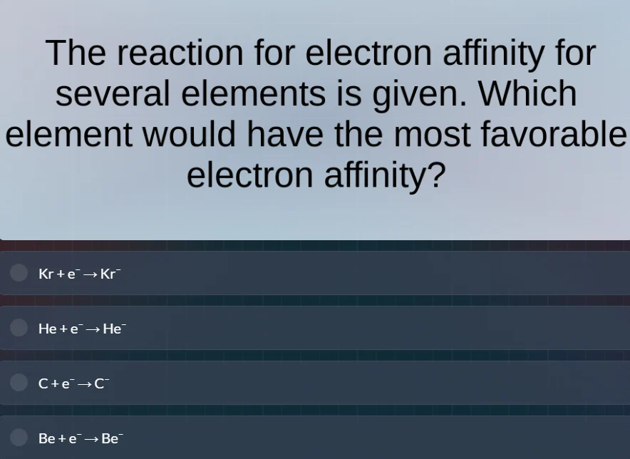 the reaction for electron affinity for several elements is given. which…