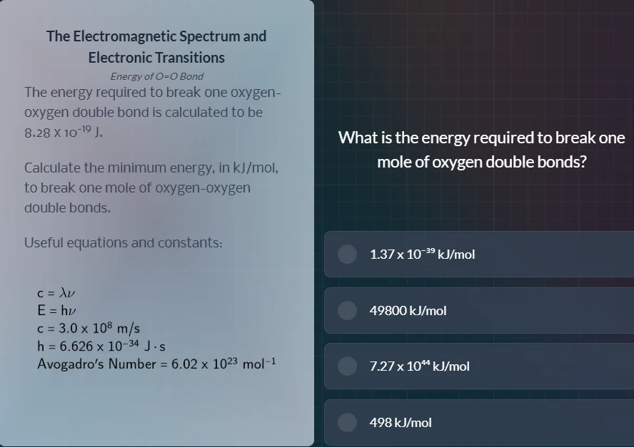 the electromagnetic spectrum and electronic transitionsenergy of o=o bo…