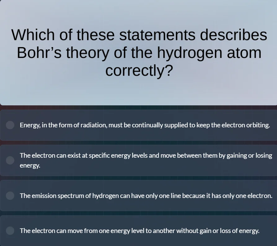 which of these statements describes bohr’s theory of the hydrogen atom …