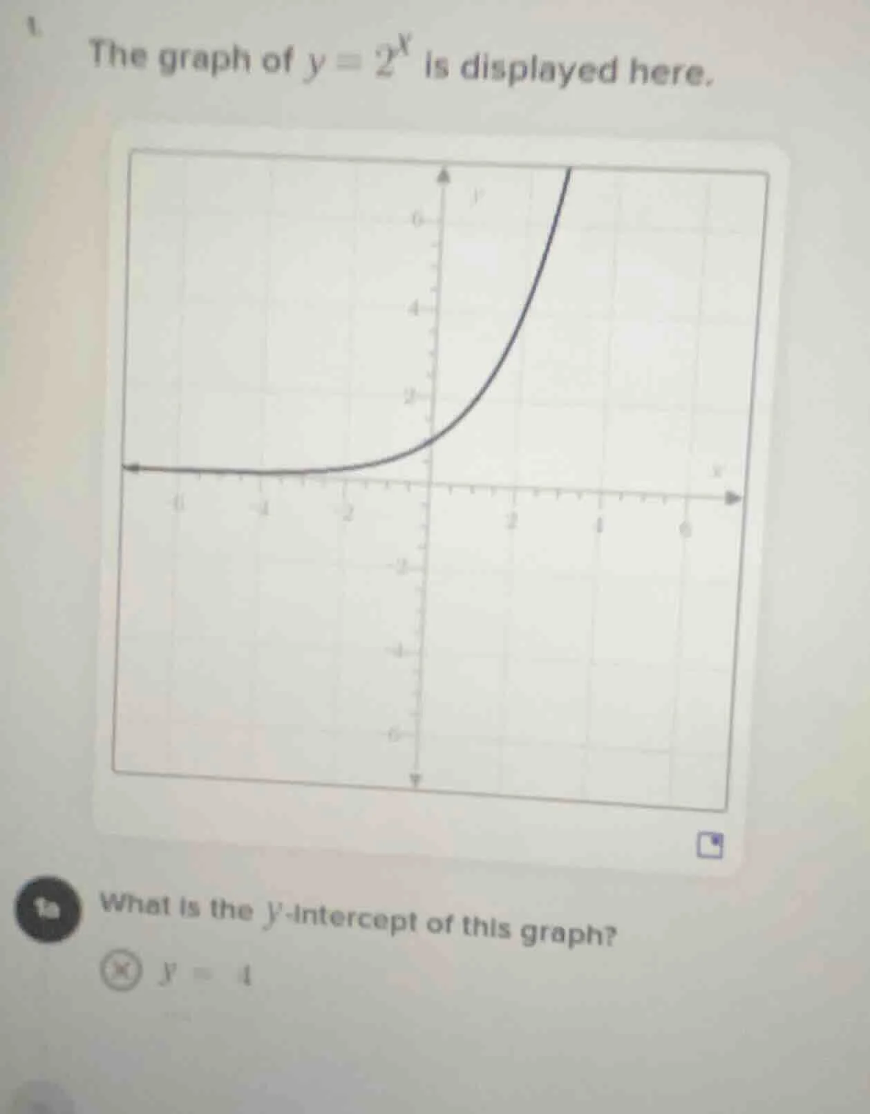 1. the graph of $y=2^x$ is displayed here. 1a what is the $y$-intercept…
