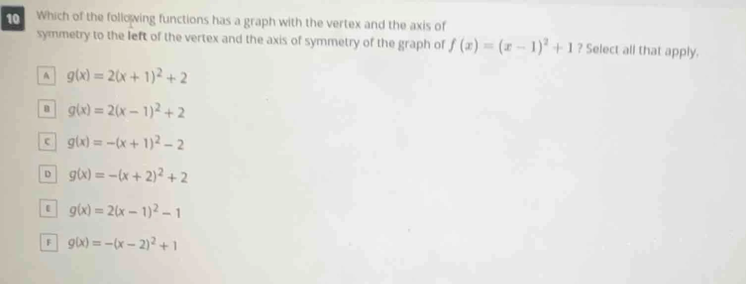 10 which of the following functions has a graph with the vertex and the…