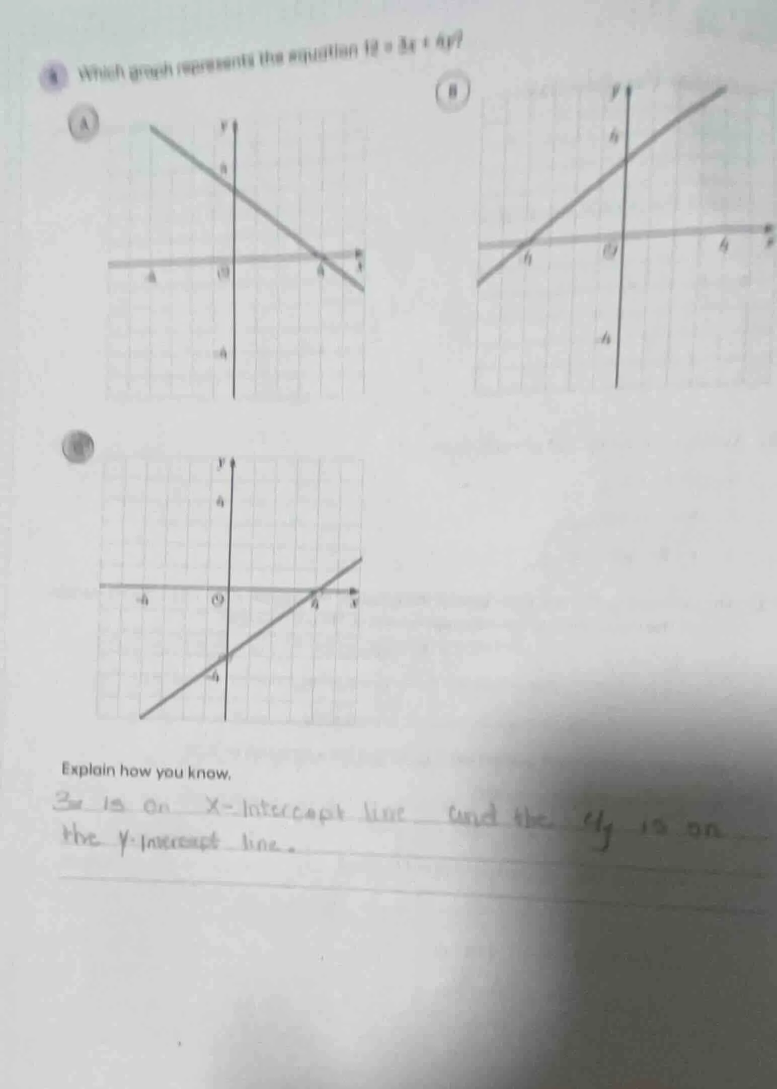 which graph represents the equation $12 = 3x + 4y$? a b c explain how y…