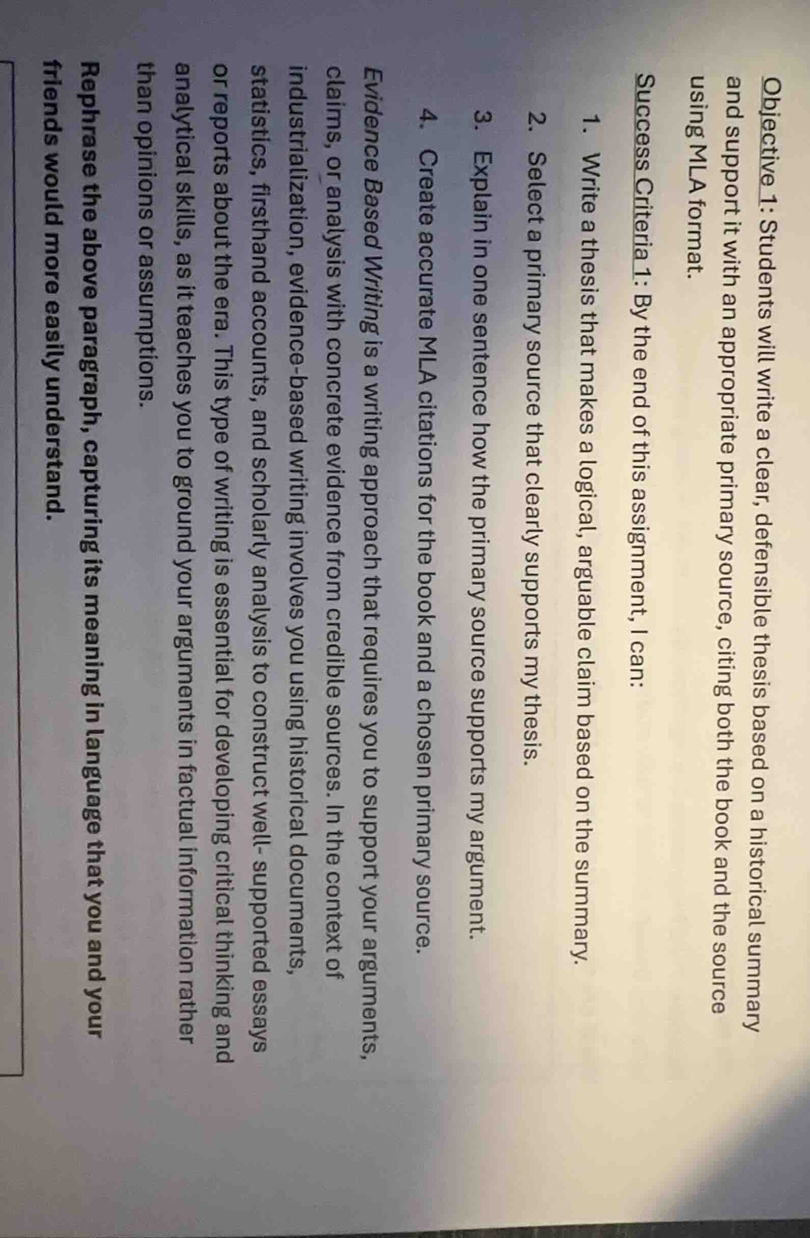 objective 1: students will write a clear, defensible thesis based on a …