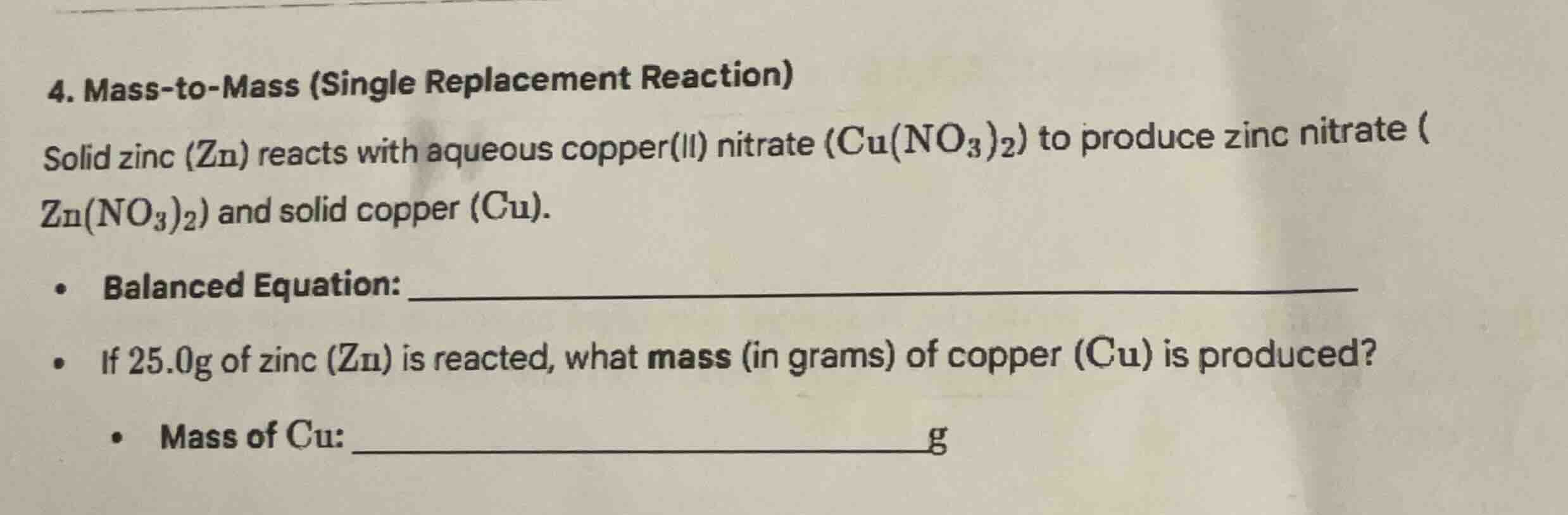 4. mass-to-mass (single replacement reaction) solid zinc (zn) reacts wi…
